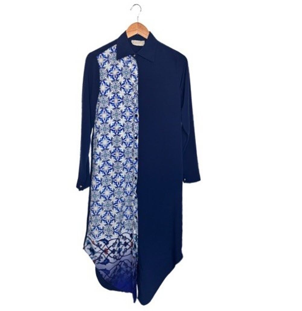 Al-Hamrah Shirt Size 10 Dress Navy Blue Patterned Button Up Midi Rounded Hem